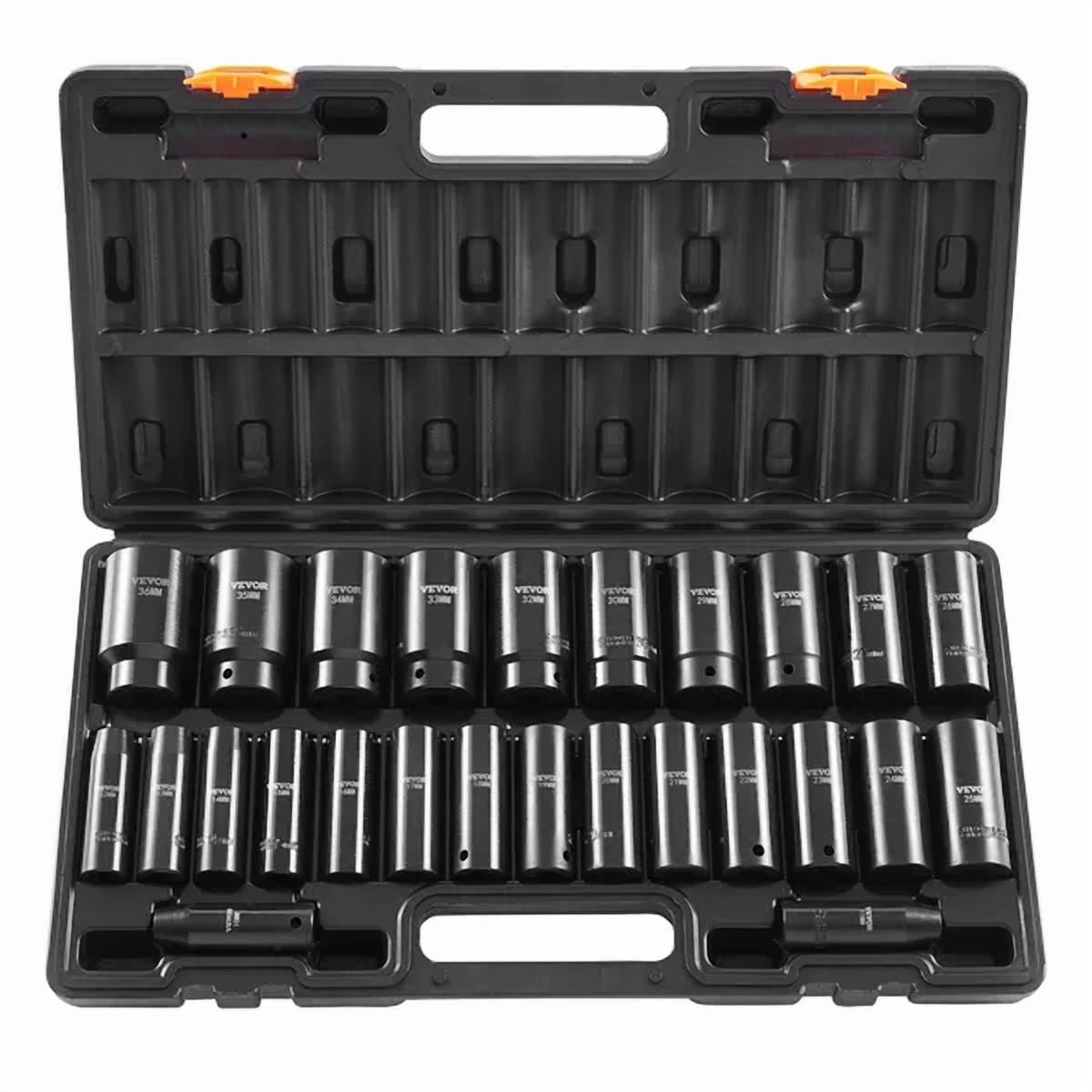 26-Piece 1/2 Inch Impact Socket Set with 6-Point Deep Sockets in Metric Sizes 10mm to 36mm,Durable Cr-V Material with Convenient Storage Cage