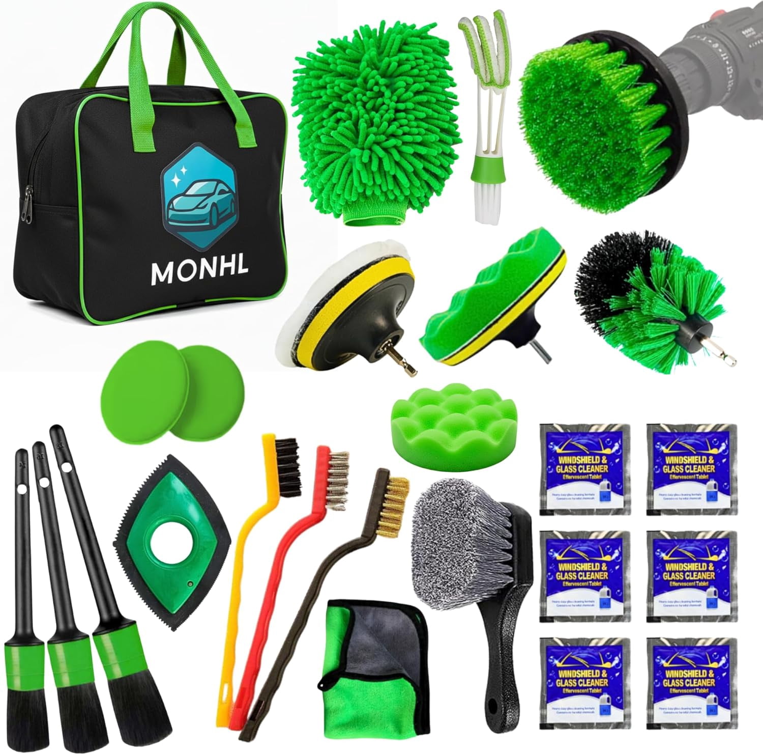 26-Piece Car Beauty Kit, Professional Car Cleaning Brush Set, Including Drill Brush, Car Washing Brush, Wheel Hub and Tire Brush, Microfiber Towel, Car Washing Gloves, Pet Hair Remover, Suitable for