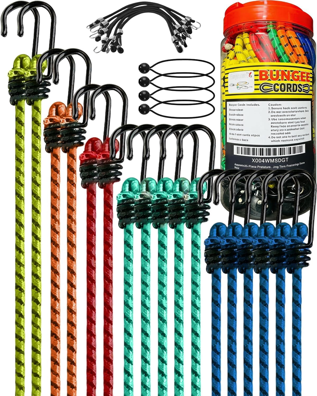26-Piece Heavy Duty Bungee Cords Assortment Jar, Includes 10”,18”,24”,32”, 36", 48” Bungie Cords, 8”Canopy/Tarp Ball Ties Rubber Bungee Cord for Camping, Tent, Fastening Items