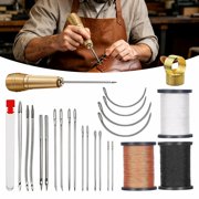 26 Piece Needle and Thread Kit Heavy Duty Leather Sewing Kit with 3 Thread Spools, 6 Awls, 14 Needles, 2 Thimbles 1 Copper Handle for Upholstery, Shoes & Outdoor Repairs