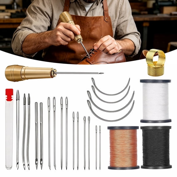 26 Piece Needle and Thread Kit Heavy Duty Leather Sewing Kit with 3 Thread Spools, 6 Awls, 14 Needles, 2 Thimbles 1 Copper Handle for Upholstery, Shoes & Outdoor Repairs