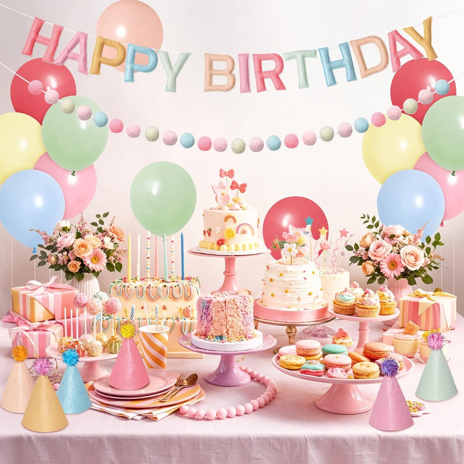 26-Piece Pastel Happy Birthday Set with Felt Garland, Balloons and ...