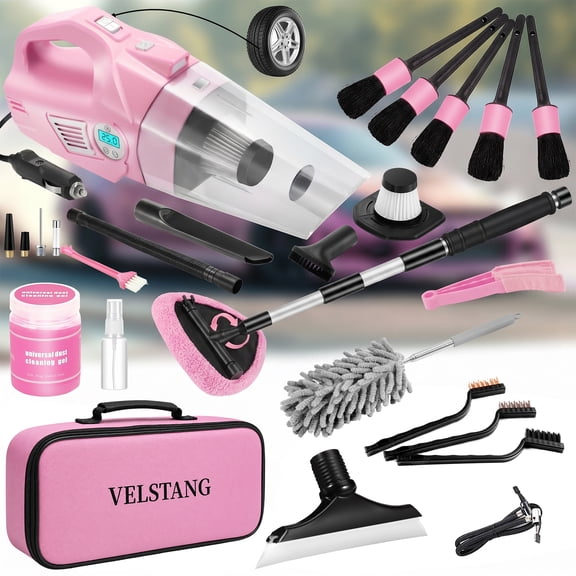 26-Piece Pink Car Cleaning Kit, 4-in-1 High Suction Handheld Vacuum Cleaner, Interior Detailing Brush Set, 2-in-1 Glass Cleaning Tool, Universal Car Accessories, Ideal Gift for Female Car Owners