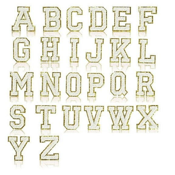 26 Piece Self Adhesive Chenille Letter Patches Varsity A-Z Glitter Iron on Alphabet White