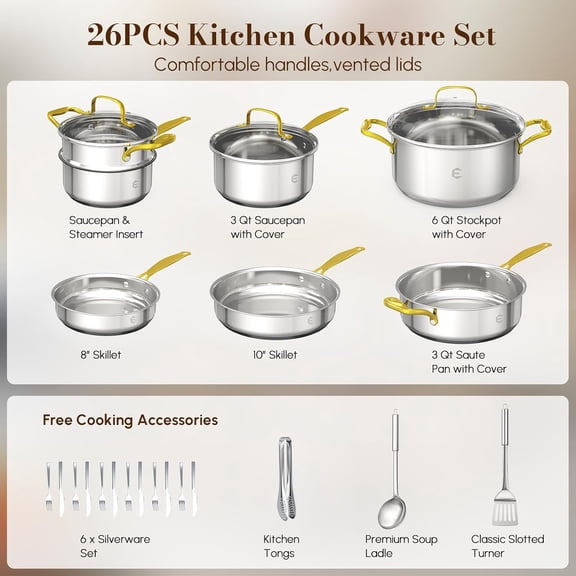 26-Piece Tri-Ply Clad Stainless Steel Cookware Set with Ergonomic Gold Handles, Induction Compatible Pots, Oven Safe Dishwasher Safe Non-Toxic Kitchen Cooking Set for All Stovetops