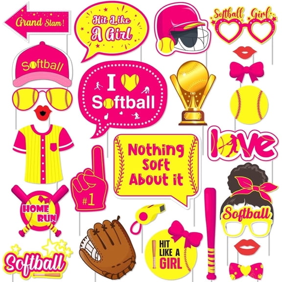 26 Pieces Softball Photo Props Softball Birthday Photo Prop Decorations for Girls, Pink and Yellow Softball Girl Props Sports Player Baby Shower Party Supplies Indoor Outdoor