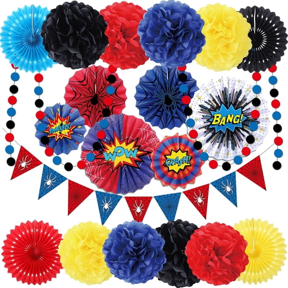 26 Pieces Spider Birthday Party Decorations - Paper Fans, Pompom Paper Flowers, Pre-Strung Pennant Banner, Dots Garland, Cards Set for Spider Web Super Themed Party Decor Supplies