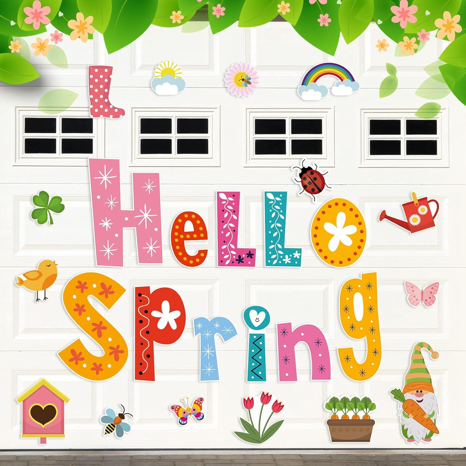 26 Pieces Spring Garage Door Decorations Magnets Hello Spring Garage Magnetic Stickers Flowers Birds Refrigerator Car Decals Spring Season Decor Holiday Magnets for Spring Car Garage Decor