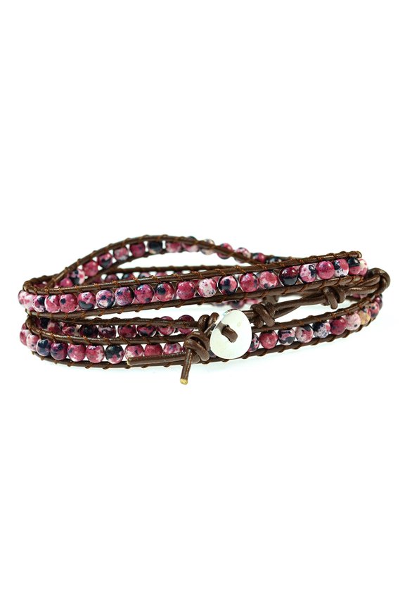 26" Pink Jasper Gemstone on Genuine Brown Leather Wrap Bracelet