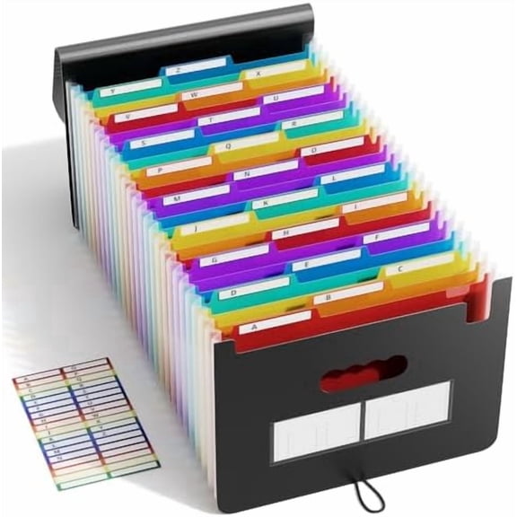 26-Pocket Expanding File Folder, Large Capacity Document Organizer with 1/3 Cut Tabs, Letter Size Accordion File Organizer for Tax, Bills, and Receipts - Black