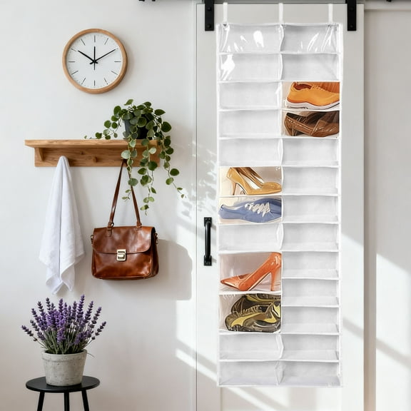 26-Pocket Over Door Hanging Organizer - Clear Mesh Multi-Purpose Storage Rack For Shoes, Hoodie, Wardrobe And Closet Wall Organization(White-63X22In)