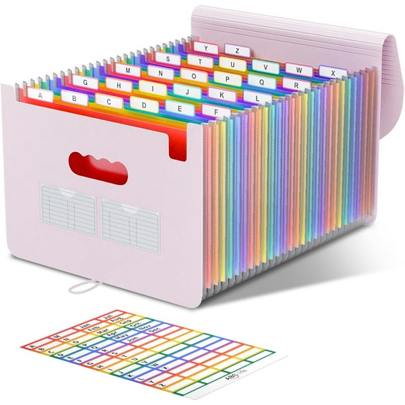 26 Pockets Accordian File Organizer Expanding File Folders, Portable Letter A4 Size Filing Box,Plastic Monthly Receipt Document Organizer with Colored Tabs (Pinkish Purple)