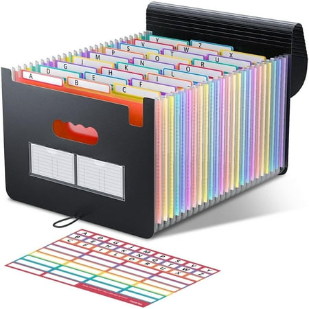 26 Pockets Accordion File Folder Organizer, Expanding Filing Box A4 Letter Size Expandable File Folders, Plastic Accordion Document Paper Coupon Bill Receipt Organizer with A-Z Alphabet Colored Tabs