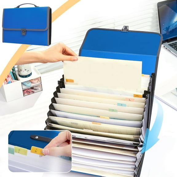26 Pockets Expanding File Accordion Folder with Handle Expandable Plastic File Folder Wallet Portable Document Organizer with Flap & Buckle (Blue)
