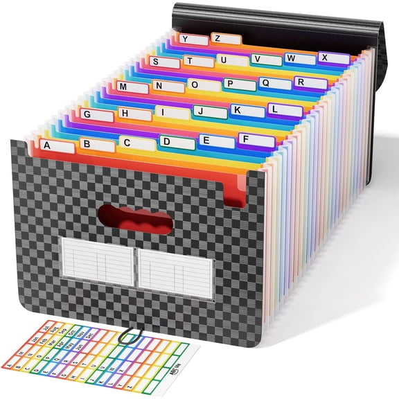 26 Pockets File Organizer, Expanding File Folder A4 Letter Size, Portable Monthly Paper Bill Tax Receipt Organizer, Document Holder with Labels - Checkered Pattern