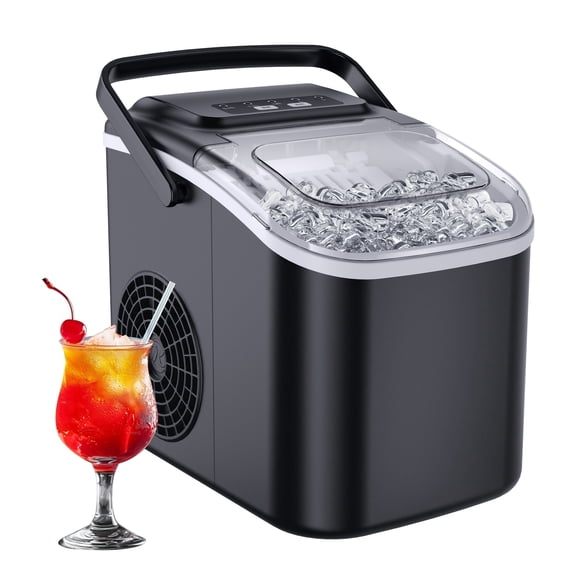 26 Pound Bullet Ice Machine And Mini Refrigerator, Compact And Portable, Self-Cleaning Sonic Ice Maker with Ice Scoop And Basket, Perfect for Backyard BBQ, Camping, Outdoor Party, Kitchen, Black