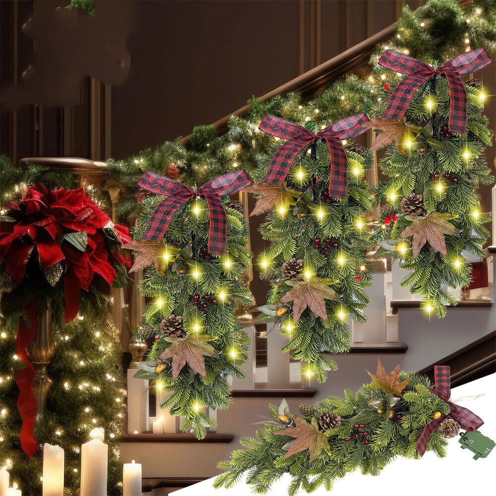 26" Prelit Christmas Swags Artificial Teardrop Wreath with LED Lights