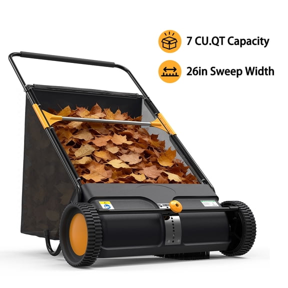 26" Push Lawn Sweeper, 7 Cu. Ft. Heavy Duty Leaf Collector & Grass Catcher, Manual Yard Rake with Adjustable Height, Spinning Brushes & Rubber Wheels