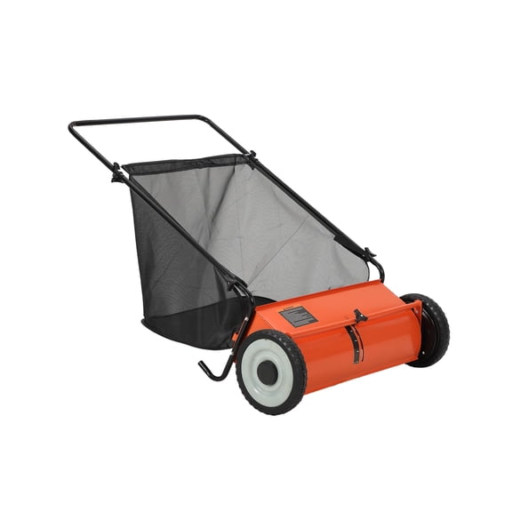 26 in Push Lawn Sweeper, 7 Cu. Ft. Hopper Capacity Grass Sweeper, Manual Push Yard Sweeper with Height Adjustment & 4 Fast Spinning Brushes for Grass Clippings, Leaves & Debris, Orange