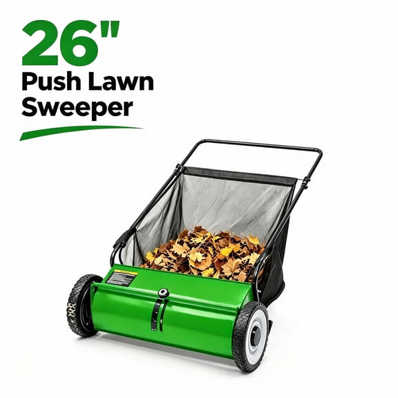 26" Push Lawn Sweeper, 7 Cu. Ft. Large Capacity Leaf and Grass Collector, 4-Brush Yard Sweeper with Adjustable Height, Detachable Hopper and Rubber Wheels