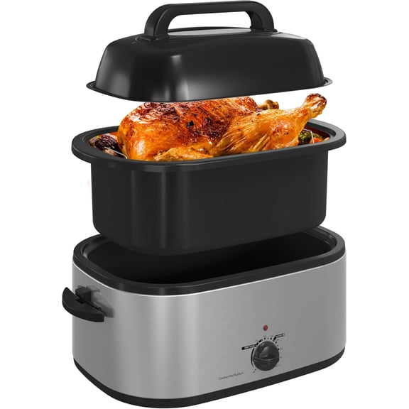 26-Quart Electric Roaster Oven with Visible Self-Basting Lid, Turkey Roaster Oven with Removable Pan and Rack, Perfect for Large Meals and Holiday Feasts, Silver