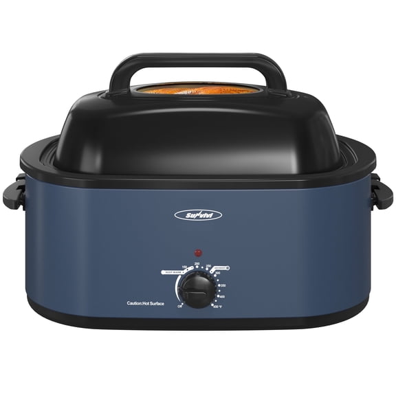 Sunvivi Upgraded Large 26 Quart Electric Turkey Roaster Oven with Visible Glass Lid, Removable Pan & Rack, Stainless Steel, Blue