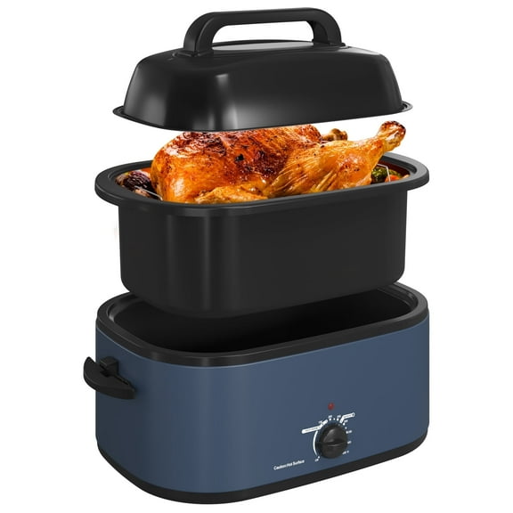 26 Quart Electric Turkey Roaster Oven with Visible Glass Lid,Removable Pan & Rack, Stainless Steel,Blue