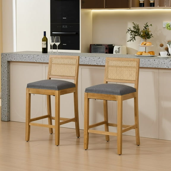 26" Rattan Bar Stools Set of 2, Farmhouse Counter Height Barstools with Rattan Back, Upholstered Kitchen Island Barstools with Footrest for Living Room, Gray