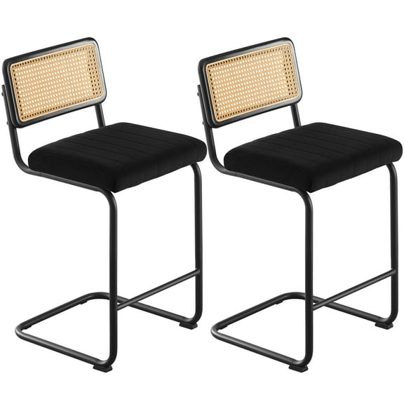 26" Rattan Bar Stools, Set of 2, Rattan Counter Height Velvet Armless Bar Stools with Cane Back for Home Office Kitchen Island
