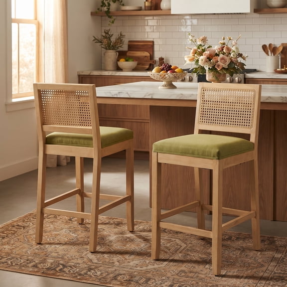 26" Rattan Counter Bar Stools Set of 2, Farmhouse Mid Century Modern Kitchen Island Chairs, Hand Woven Cane Back Linen Upholstered Bar Stools with Wood Legs, Green