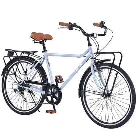 ?LuckyNote?26" Retro Commuter, Shimano 7-Speed, Steel Frame & Racks, Brown Leather Saddle, 1.5" All-Terrain Tires, Dual V-Brakes, 85% Assembled