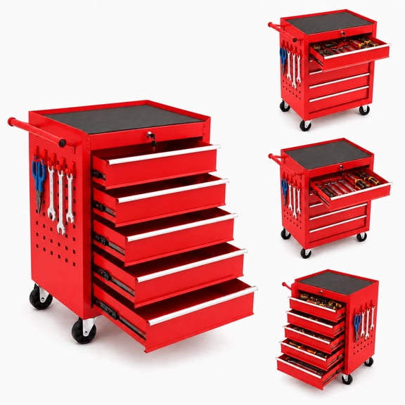 26 in Rolling Tool Chest with Wheels - 5-Drawer Tool Storage Cabinet/Tool Cart - Locking System, Drawer Liners - Mobile Toolbox Organizer for Workshop & Auto Repair - Red