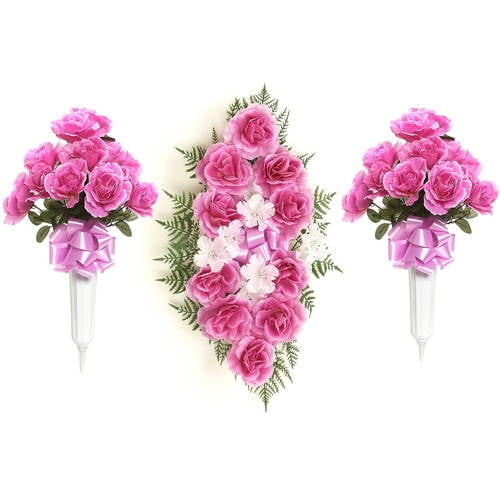 26" Rose Headstone Spray and 24" Rose Arrangement In White Vase