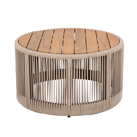 26" Round Outdoor Coffee Table, Acacia Wood Top with Beige Rope Frame, 220 lbs Capacity
