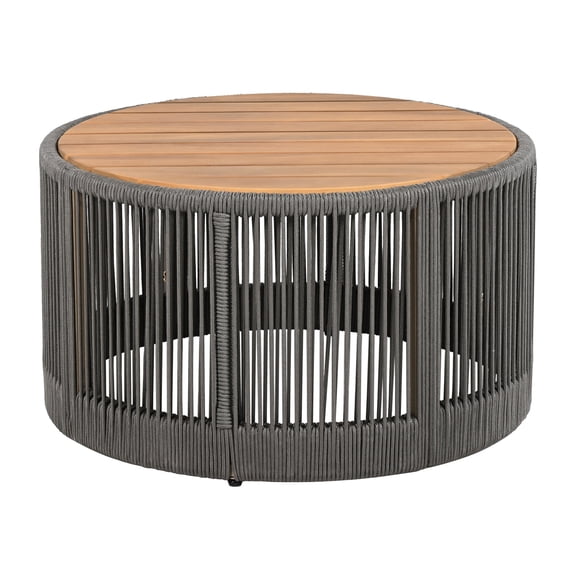 26" Round Outdoor Coffee Table, Acacia Wood Top with Grey Rope Frame, 220 lbs Capacity