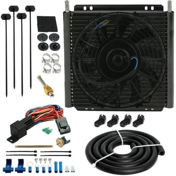 26 Row 6AN Transmission Oil Cooler Electric Fan Push-in Probe Thermostat Kit