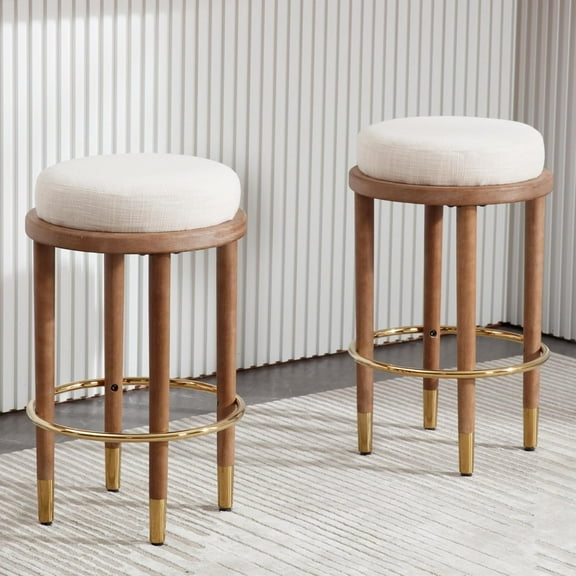 26” Rustic Backless Bar Stools Set of 2 with Wooden Legs, Round Counter Height Stools Bar Chairs Kitchen Bar Stools, Farmhouse Linen Upholstered Top Stool, Beige
