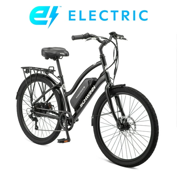 26" Schwinn EC1 Low Step Cruiser Electric Bike for Adults, 7 Speeds, 250w Motor, Black Ebike