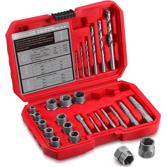 26- Screw & Drill Bit Set, Multi-Spline & Bolt Extractors, Spiral Extractor for Broken Studs & Fittings