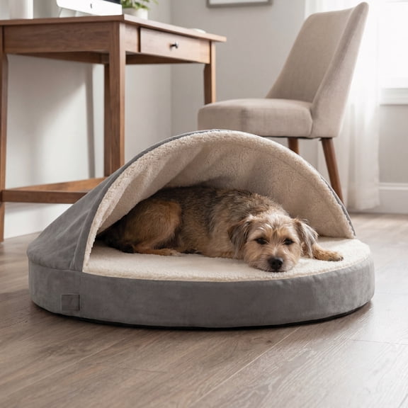 FurHaven Pet Dog Bed | Orthopedic Round Faux Sheepskin Snuggery Burrow Pet Bed for Dogs & Cats, Gray, 35-Inch