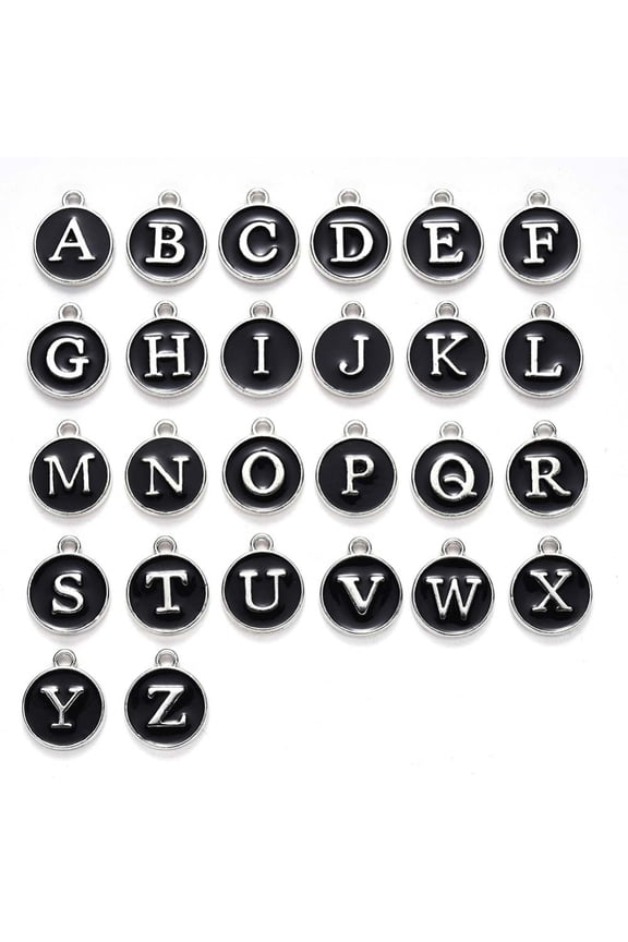 26 Silver Plated Black Enamel 1/2 inch Round Coin Alphabet Jewelry Pendant Charms Capital Letters A-Z
