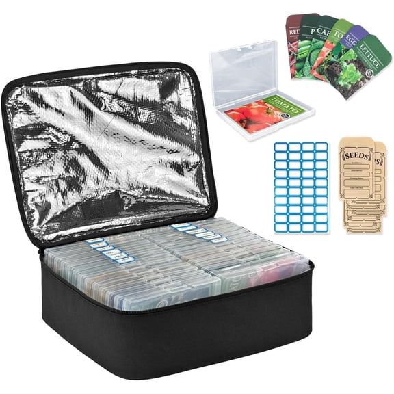 Godery 26 Slots Seed Storage Organizer Box with Insulated Bag Seed Envelopes Bag and Label Stickers, Garden Seed Container for Seed Packets, Plant, Flower, Vegetable Seeds
