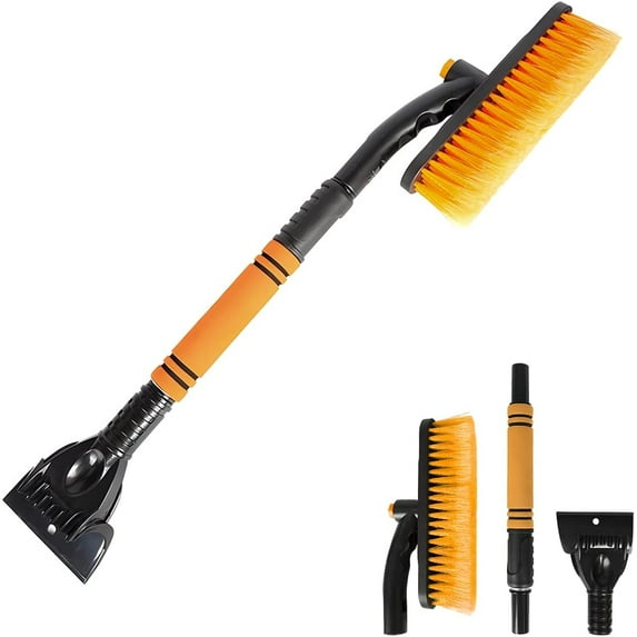 26'' Snow Brush and Ice Scraper, Detachable Extendable Rotatable Snow Removal for Car Windshield, with Comfortable Foam Grip Aluminum Body, Auto Winter Tools Universal for Truck, SUV, Van (Orange)