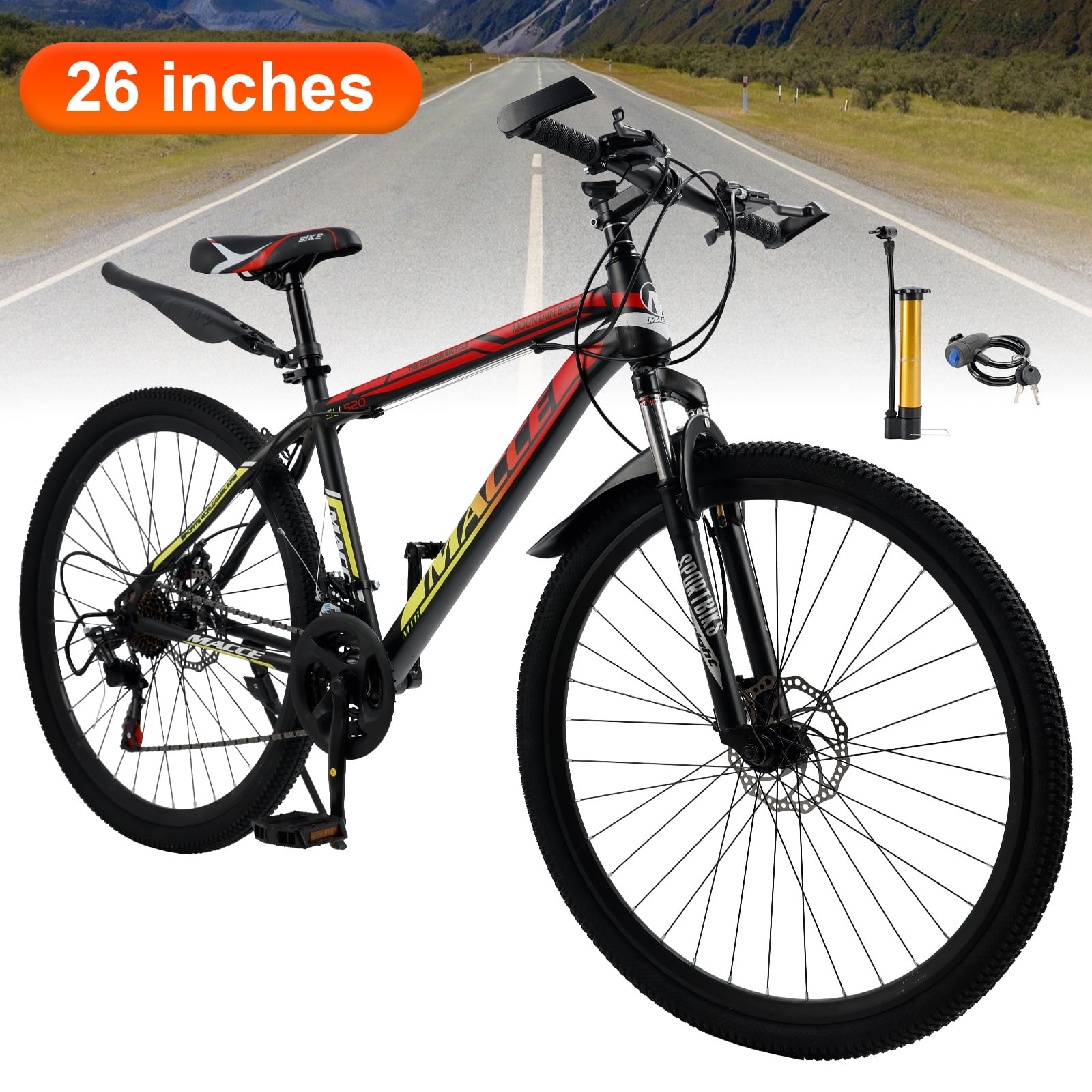 26" Spoke Wheel 24 Speed Mountain Bicycle Adult Bike MTB w/ fender Red & Yellow
