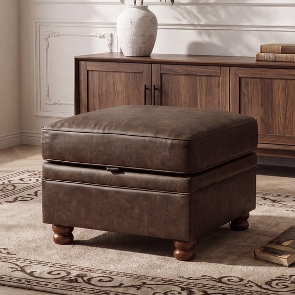 26" Square Storage Ottoman, Vintage Faux Leather, Dark Brown