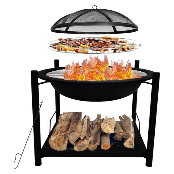 26" Steel Wood Burning Fire Pit BBQ Grill - Portable Outdoor Camping Fireplace with Mesh Screen & Log Grate