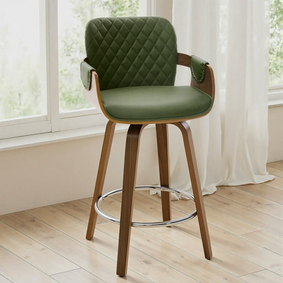 26" Swivel Bar Stool Set of 1, 360° Counter Height Bar Stool with Back & Arms, Farmhouse Upholstered Barstool with Walnut Frame Faux Leather Counter Chair for Kitchen Island Green