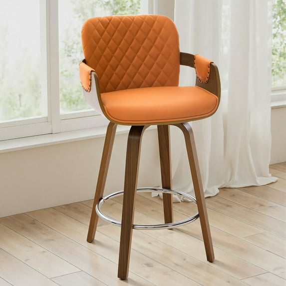 26" Swivel Bar Stool Set of 1, 360° Counter Height Bar Stool with Back & Arms, Farmhouse Upholstered Barstool with Walnut Frame Faux Leather Counter Chair for Kitchen Island Orange