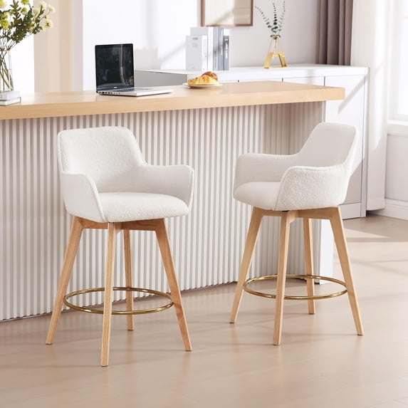 26'' Swivel Bar Stools Set of 2, Counter Height Bar Chairs with Curved Back, Upholstered Sherpa Counter Stool with Wood Legs for Kitchen Island, White