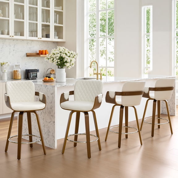 26" Swivel Bar Stools Set of 4, 360° Counter Height Bar Stool with Back & Arms, Farmhouse Upholstered Barstool with Walnut Frame Faux Leather Counter Chair for Kitchen Island Cream White